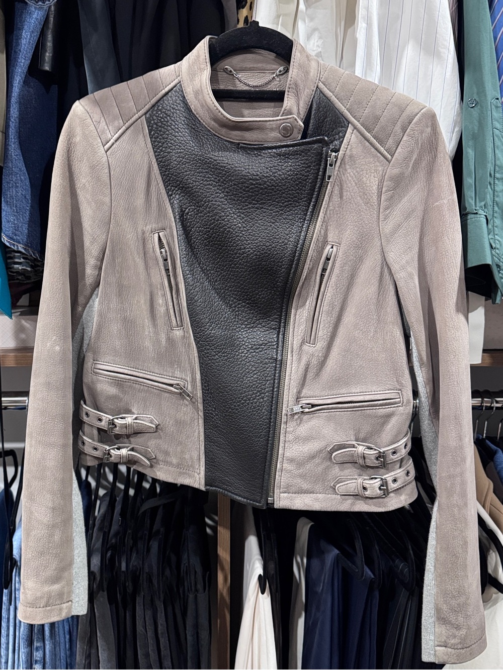 Yigal Azrouel Authentic Leather & Suede Taupe & Black Moto Jacket - Size 8